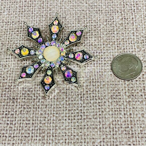 Silver AB Crystal Starburst Brooch - Picture 1 of 2